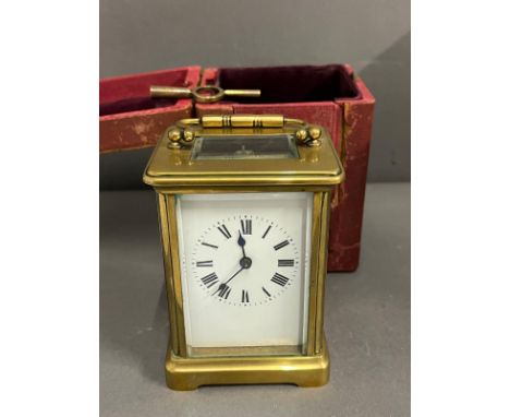 Edwardian eight day brass carriage clock with key and traveling case  AFCondition Report NOT WORKING&nbsp;