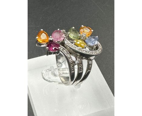 A 14ct white gold cocktail ring with diamonds and semi precious stones (Approximate Total Weight 8g)