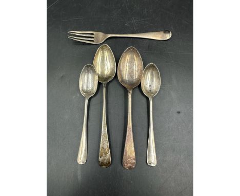 A selection of four hallmarked silver teaspoons and a silver fork, various makers and marks (total weight 67.8g)