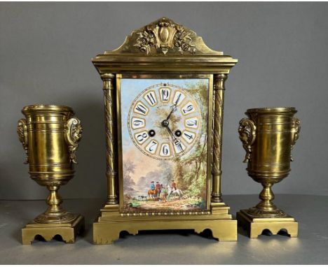 A late 19th Century French Garniture clock set retailed by Benetfink of London, Paris maker. With hand painted porcelain fron