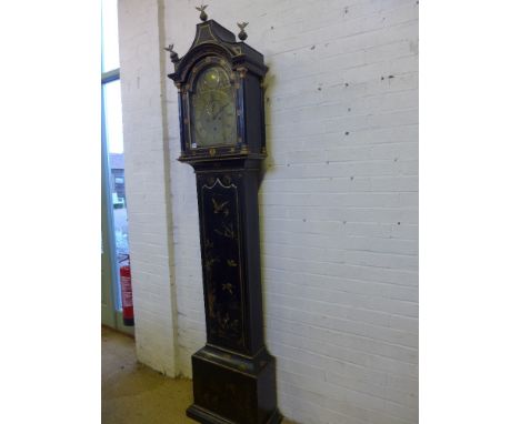 A chinoiserie decorated black lacquered pagoda top eight day longcase clock with a brass 12" arched dial signed Thos Page, No