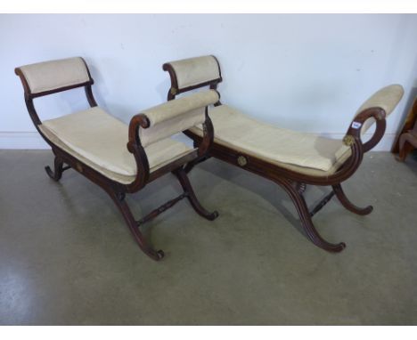 A pair of Regency stained beechwood scroll end upholstered window seats with turned stretchers - Length 1.21 m x Height 75 cm