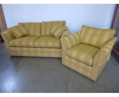 A Wesley-Barrell two seater sofa and matching side chair in yellow stripped material - sofa  Width 1.7m  x Depth 90cm, Chair 