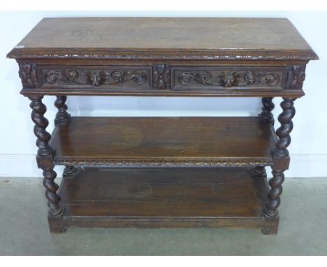 A Victorian - Greenman - carved oak three tier buffet with two frieze drawers - Height 94 cm x Width 1.16 m x Depth 43 cm 