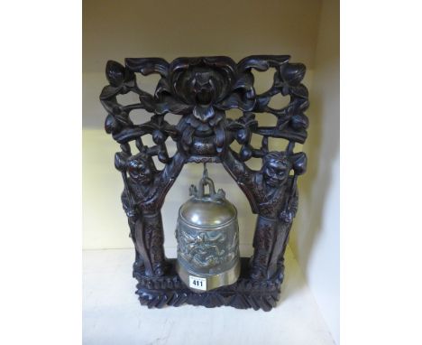 A 19th century Chinese gong on carved hardwood stand inlaid with silver wire - 49 cm x 32 cm