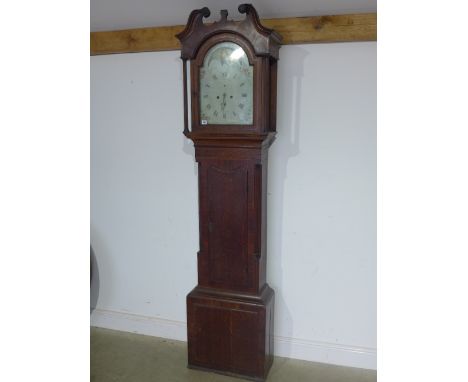 An oak and mahogany 8 day longcase clock with a 13 inch painted moon roller dial with pendulum and weights in need of restora