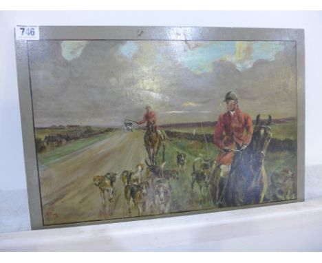 R C King - oil on panel - Hunting scene, riders and hounds to foreground and car to background - Height 31 cm x Width 44.5 cm