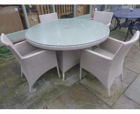 A Bramblecrest Pimlico round table - Diameter 140 cm with four Pimlico armchair, 2.5 m aluminium parasol and a concrete base 