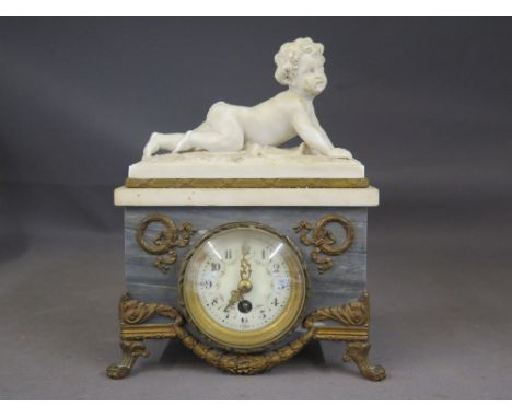 A small French ormolu mounted slate bodice mantel clock surmounted by crawling white porcelain putti over porcelain dial - Di