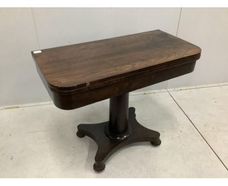 An early Victorian rosewood folding card table, width 91cm, depth 46cm, height 74cm. Condition - poor