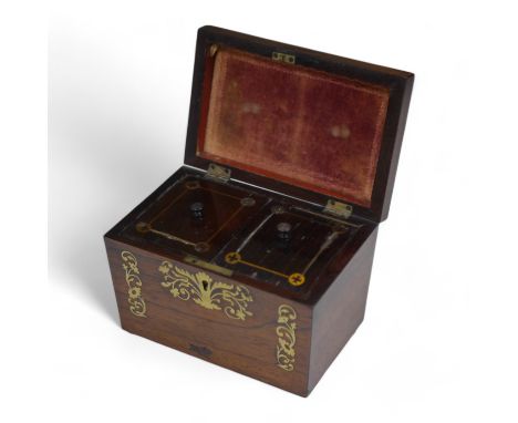 A Regency cut brass inlaid tea caddy, 15cm high. Condition - fair to good