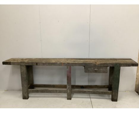 A 19th century Provincial work bench, fitted drawer, width 295cm, depth 40cm, height 90cm. Condition - poor