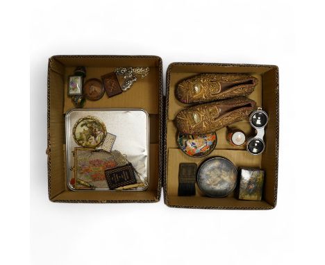 A coloured chain mail evening bag, a circular painted lacquered snuff box, mother of pearl opera glasses, boxes, etc. conditi