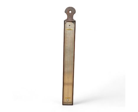 A George III mahogany cased thermometer by Ramsden, London, with silvered scale, height 46cm. Condition - poor to fair, the m