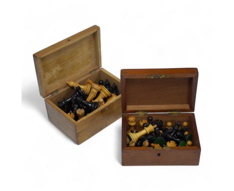 A  chess set, possibly F H Ayres, in a mahogany box, and another larger weighted chess set, in box,  Ayres Kings 6cm.  Condit