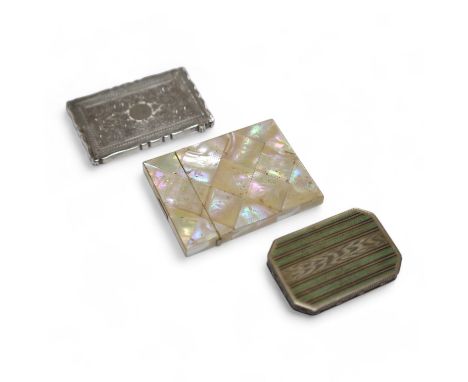 A continental Art Deco sterling and two colour enamel octagonal snuff box, maker, LW, 78mm, together with a Victorian engrave