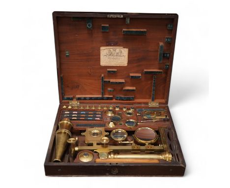 A mid 19th century folding compound and simple monocular microscope by William Harris &amp; Co. 50 High Holborn, London, in i