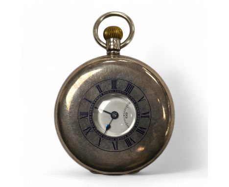 A George V silver J.W. Benson keyless half hunter pocket watch, with Roman dial and subsidiary seconds, case diameter 49mm. C
