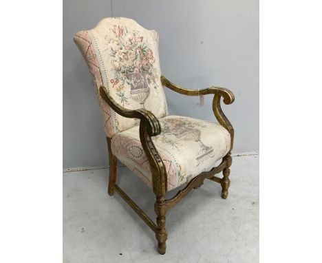 A French giltwood and tapestry open armchair, width 58cm, depth 56cm, height 102cm. Condition - fair to good