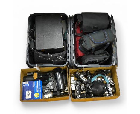 Sixteen SLR camera bodies by Nikon, Olympus, Praktica, Pentax, etc., together with six lenses including Canon and other acces