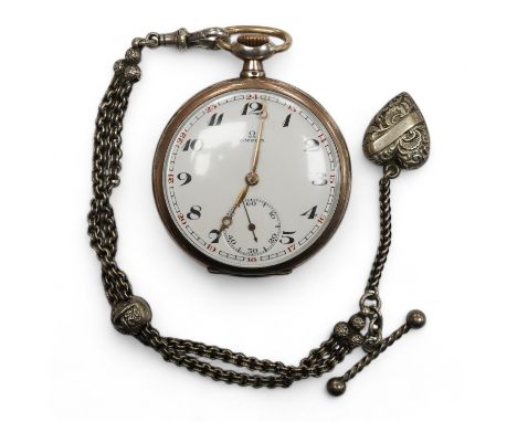 An 800 standard white metal Omega open faced keyless pocket watch, with Arabic dial and subsidiary seconds, case diameter 48m