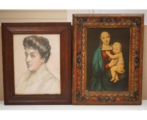 An early 20th century French School pastel, Head and shoulders portrait of a woman, indistinctly signed, together with a colo