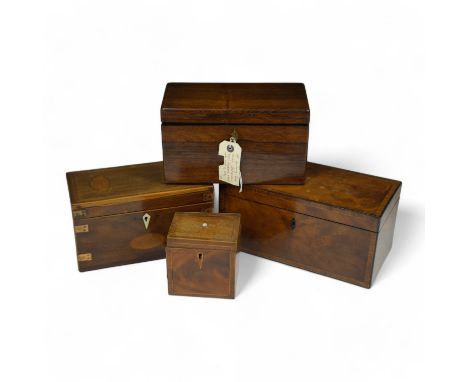 An early 19th century inlaid tea caddy, two sewing boxes and a stationery box, 25.5cm x 14cm various. Condition - stationery 
