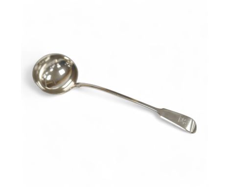 A Victorian provincial silver fiddle pattern soup ladle, Josiah Williams &amp; Co, Exeter, 1868, 34.7cm, 10oz. Condition - fa