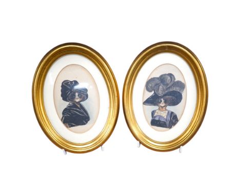 Style of Louis Wain (1860-1939), pair of oval watercolours, Comical studies of cats, 12 x 8.5cm, gilt framed. Condition - fai