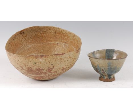 Ewen Henderson (1934-2000) - a studio pottery thinly potted irregular large table bowl, w.29.3cm; together with a stoneware t