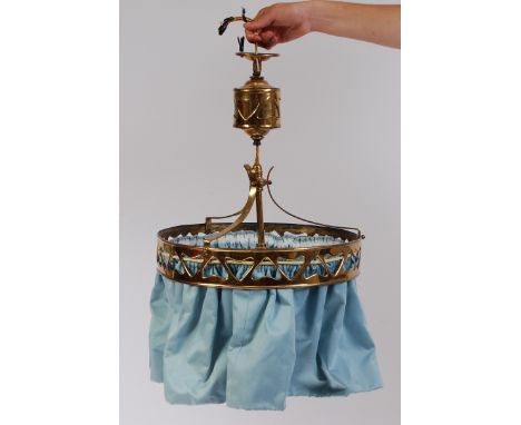 An Art Nouveau brass circular hanging ceiling light, having recessed heart motif decorated upper fitting, with three light br