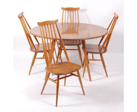 A 1960s Ercol blond elm dining suite, comprising; dropflap table raised on tapering supports, h.71cm, w.124cm, d.114cm; toget