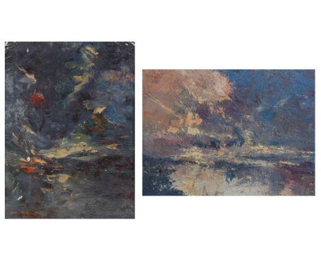 1950s Abstract school - Matched pair; Landscape studies, one oil on canvas and the other oil on board, each indistinctly sign