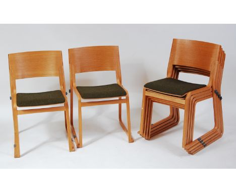 Chorus Furniture - a set of six Camira Blazer II light oak and plywood stacking chairs, each having green cloth fabric fixed 
