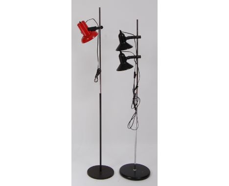 A 1970s Danish chrome and black enamelled iron floor light, having a red painted flattened lower domed adjustable shade, h.13