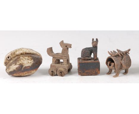 Ian Godfrey (1942-1992) - a collection of four stoneware pottery toys, comprising; partially glazed duck weight, length 8.5cm