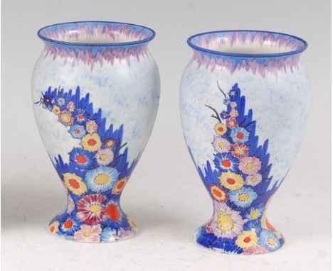 A pair of Carltonware Art Deco ceramic vases, each of bulbous tapering form to spreading base, blue and bright colour floral 