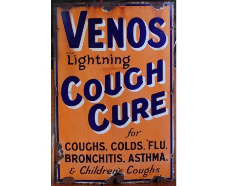 An early 20th century enamel on metal wall mounted advertising sign for Venos Lightning Cough Cure, 'for coughs, colds, flu, 