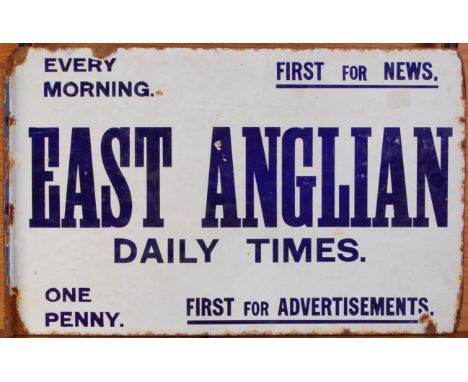 An early 20th century enamel on metal wall mounted double-sided advertising sign for the East Anglian Daily Times, 'Every Mor