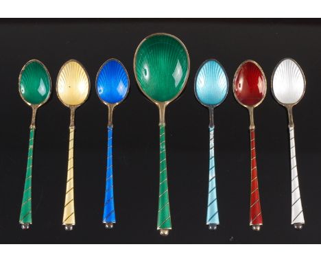 ELA - a set of six early 20th century Danish silver gilt and enamel coffee bean spoons, in various colours, stamp marks to re