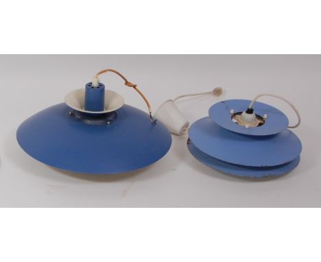 In the manner of Louis Poulsen - a blue painted metal circular domed three-tier hanging ceiling light, dia. 36.5cm; together 