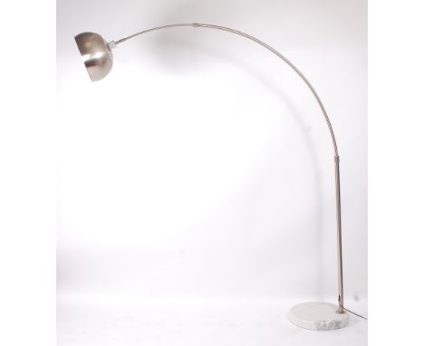 A contemporary brushed chrome and white variegated marble based adjustable arc lamp, having typical domed shade, each section