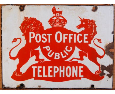 An early 20th century enamel on metal hanging double-sided advertising sign for the Post Office Public Telephone, 38 x 51cm