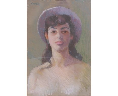 Leonard Greaves (1918-1949) - The Mauve Hat - a portrait of the artists wife, pastel, signed upper left, 43 x 29cm.Visible pi
