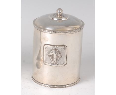 A 1920s silver cylindrical tea caddy and cover, by Hukin &amp; Heath, the slightly domed cover with ball finial over plain bo