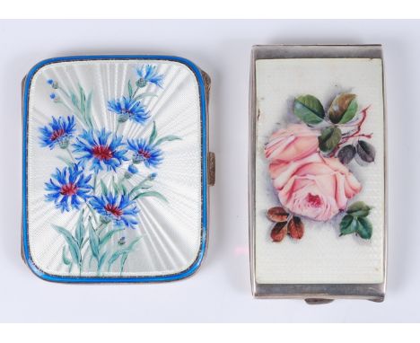 A late Art Deco silver and floral guilloche enamel decorated pocket cigarette case, having rounded corners and gilt washed in