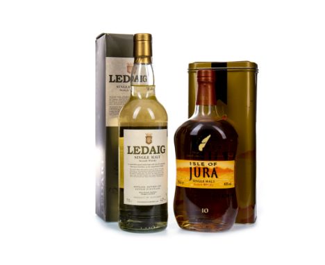 JURA AGED 10 YEARS Single Malt Scotch Whisky 70cl, 40% volume, in tin. LEDAIG Single Malt Scotch Whisky 70cl, 42% volume, in 