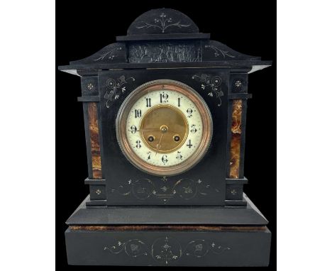 A Victorian slate mantel clock with white enamel dial, height 35cm.