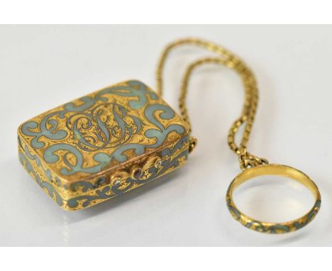 A yellow metal and turquoise enamel vinaigrette with pierced gilt interior and thumbpiece set with ruby and two small diamond