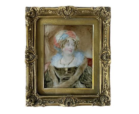 X ATTRIBUTED TO SIR WILLIAM GROSS; 19th century portrait miniature of 'Augusta - Duchess of Cambridge', 9.5 x 7.5cm, framed a